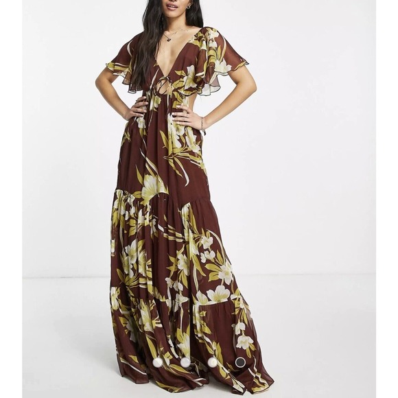 ASOS Tiered Maxi Dress 14, Plunging Neckline, Burgundy Large Floral Print - Picture 2 of 16